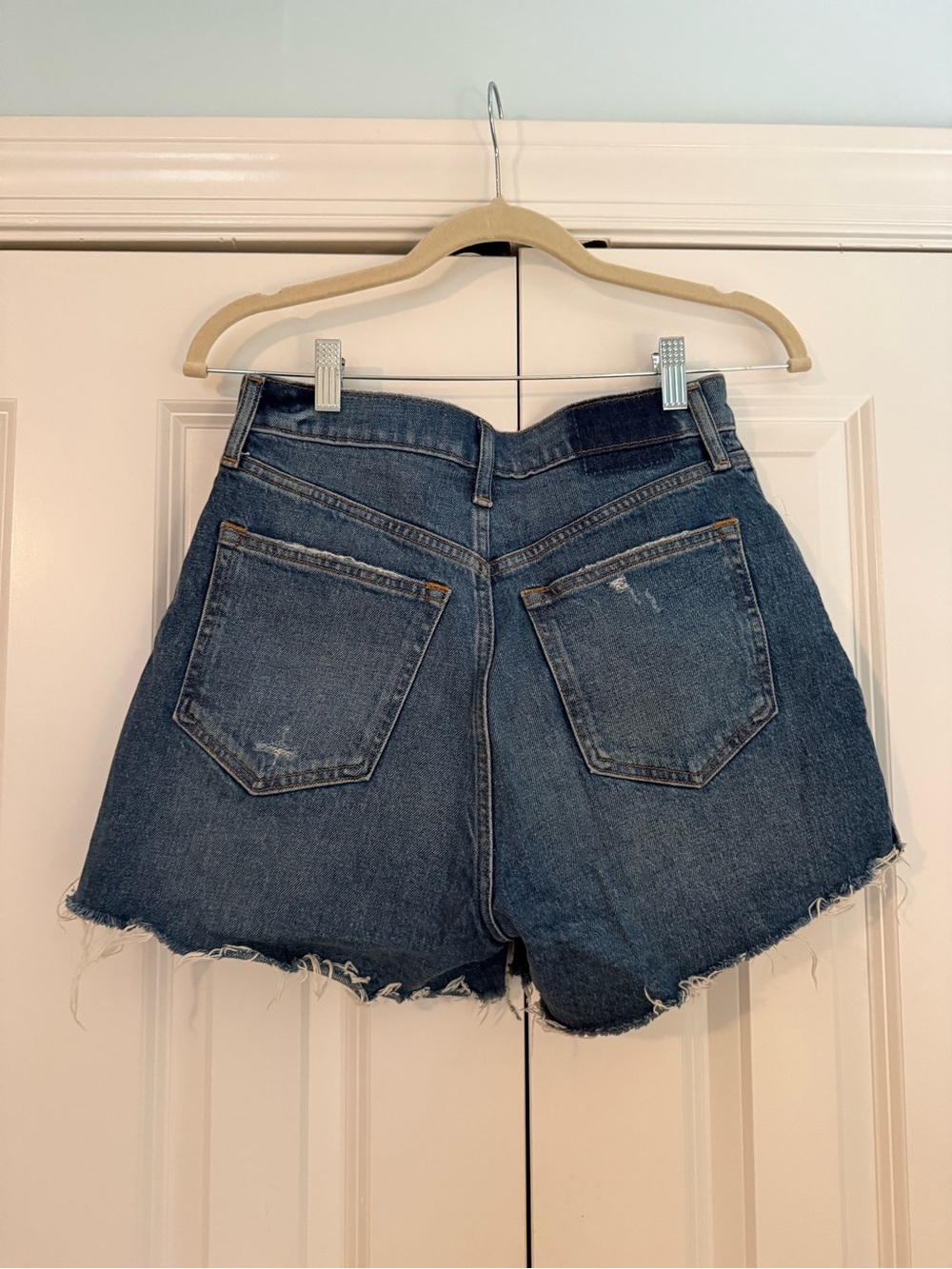 Abercrombie & Fitch Distressed Dark Blue High-Rise Denim Shorts - Picture 2 of 2